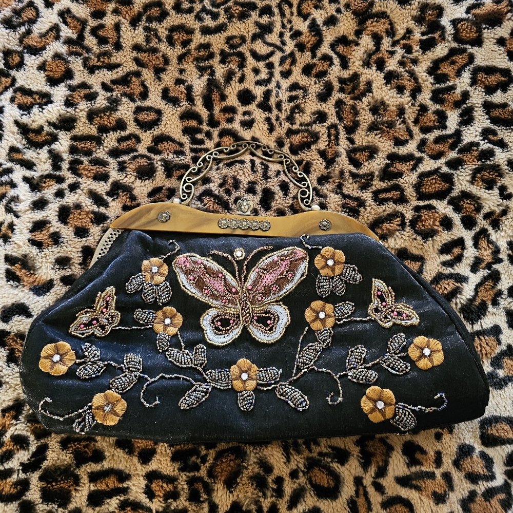 Embroidered, Beaded, Black and Gold Women's Butterfly Bag